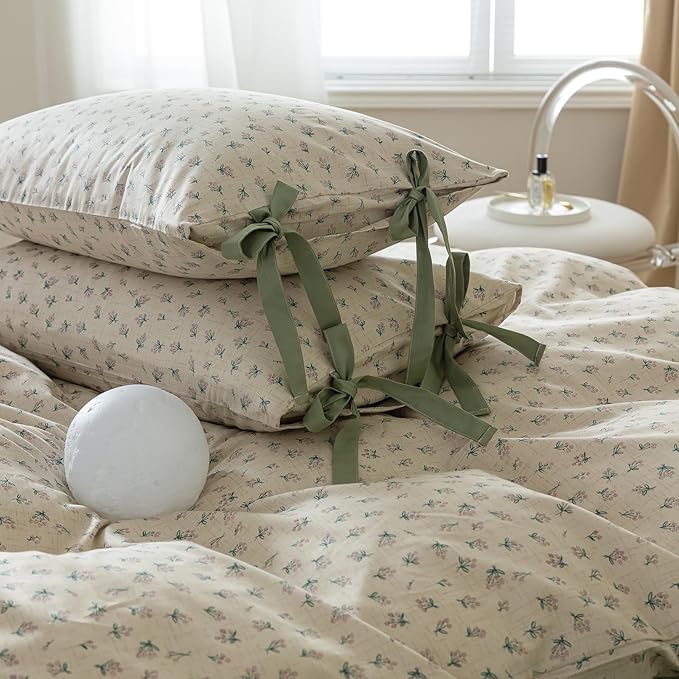 LifeTB Green Flower Comforter Set Twin XL Vintage Floral Comforter with 2 Bow Ties Pillowcases Soft Fluffy Cottagecore Bedding Set for Girls Women Botanical Bedding Comforter Set for All Season