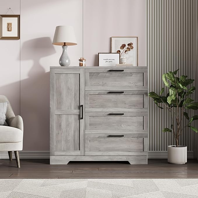 GarveeHome Wood Armoire Wardrobe Closet with 4 Drawers and Door, 43.3 in H Bedroom Wardrobe Cabinet with Hanging Rod, Clothing Storage Cabinets, 4 Drawers Dresser with Storage Closet, Gray