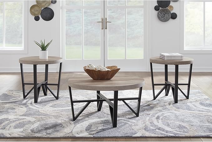 Signature Design by Ashley Deanlee Contemporary Table Set with Metal Frame, Set of 3, Light Brown & Black