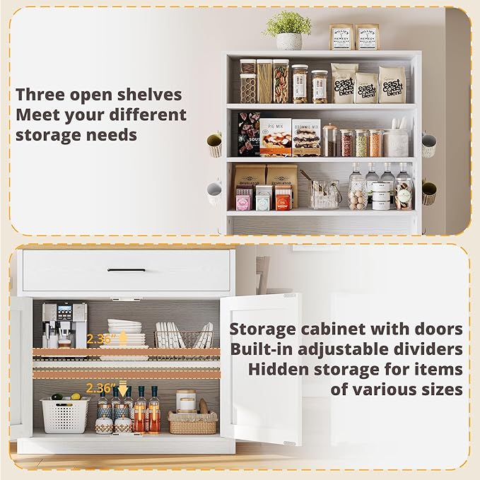 IRONCK Bakers Rack Microwave Stand Storage and Customizable Pegboard, 71" Farmhouse Coffee Bar Cabinet with Drawer, Barn Doors, Adjustable Shelves for Kitchen, Dining Room, White