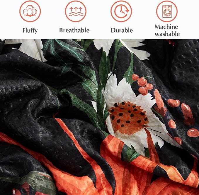 CASAAGUSTO King Size Comforter Set, 7 PCS Black Shore Floral Comforter Set with Flowers Leaves Pattern, Soft All Season King Bedding Set (102"X90")