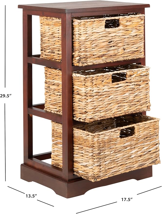 SAFAVIEH Home Collection – Halle Cherry Storage Side Table with Wicker Baskets, Farmhouse Accent Storage, Fully Assembled (AMH5738C)