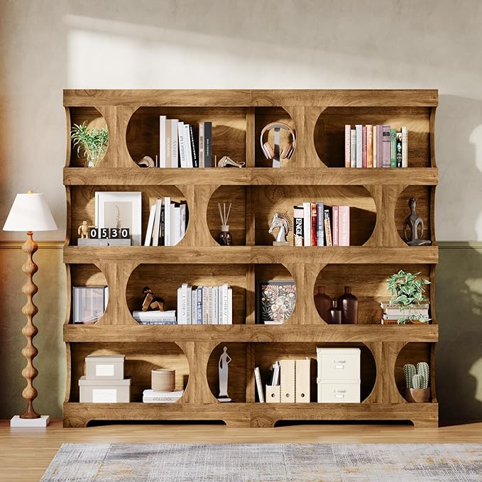 Tribesigns 71" Tall Bookcase Set of 2, 4-Tier S-Shaped Bookshelf, Wood Decorative Storage Shelving, Modern Freestanding Display Shelves, Large Library Bookshelf Unit for Home Office Living Room, Brown