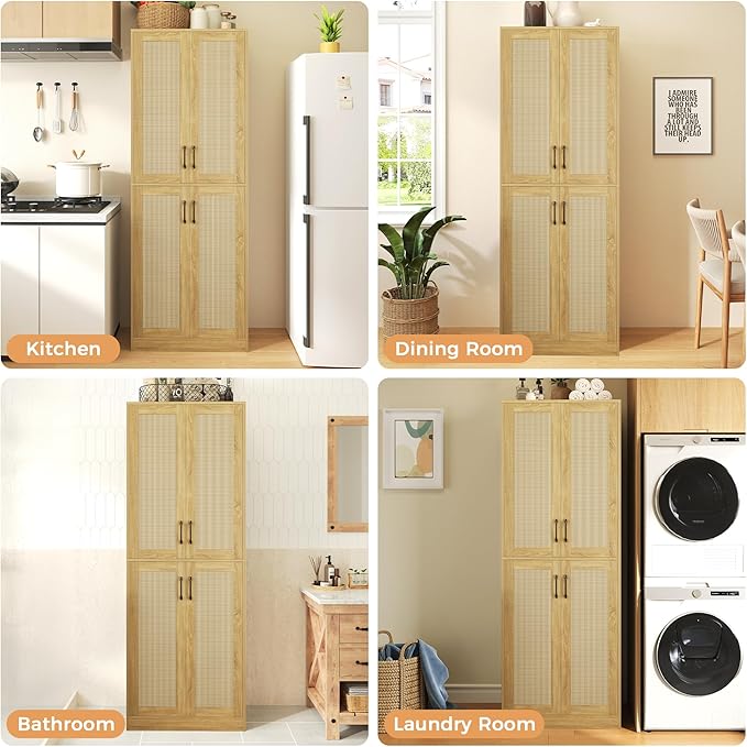 JASIWAY Kitchen Pantry Cabinet, 67" Tall Rattan Storage Cabinet with Doors and Adjustable Shelves, Wooden Linen Pantry Cupboard for Small Spaces Laundry Room Bathroom, Food Snack Towels Storage, Oak