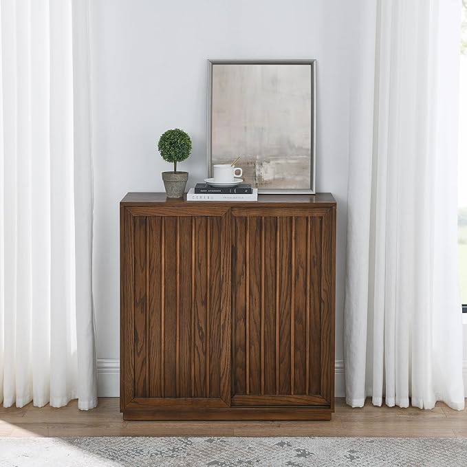 Ball & Cast 32" Mid Century Sideboard Cabinet with 2 Sliding Doors & Solid Wood Decorative Strips, Vintage Storage Cabinet with Outlet Hole for Living Room, Kitchen, Dining, Entryway, Hallway,Walnut