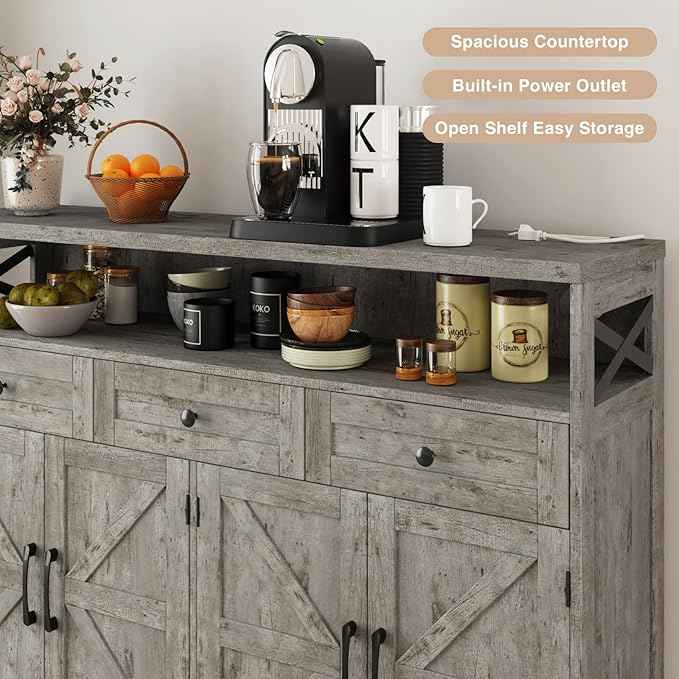 Farmhouse Buffet Cabinet with Drawers & Barn Doors, Sideboard with Storage, Kitchen Pantry Cabinet Hutch, Coffee Bar Station for Kitchen, Livingroom, 52" L, Washed Grey