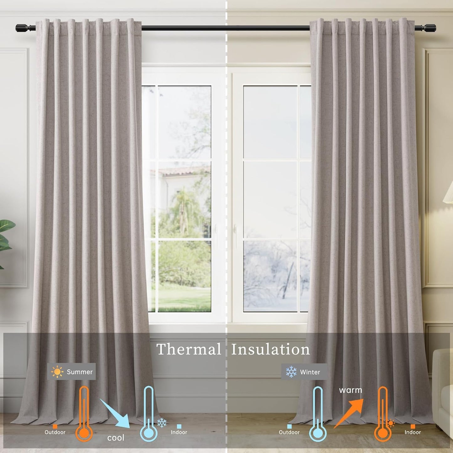 Brownish Grey Linen 100% Blackout Curtains for Bedroom 102 Inch Long 2 Panels Window Curtain Floor to Ceiling Length for Living Room Sliding Glass Door Back Tab Linen Room Darkening Drapes 52x102