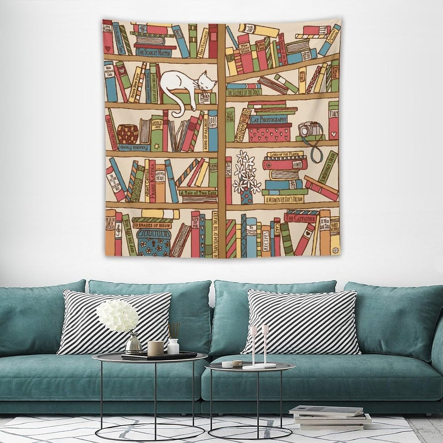 Kurtect Bookshelf Tapestry,Cute Cartoon Cat Sleeping Library Theme Pattern Print Tapestries for Party Beach Picnic Blankets Tablecloths Living Room Wall Deocr, 60x60 in