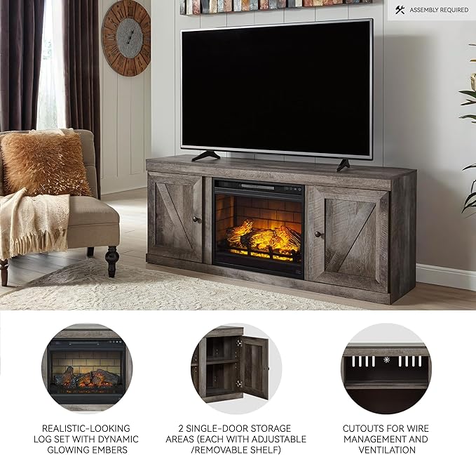 Signature Design by Ashley Wynnlow Farmhouse 60" TV Stand with Electric Fireplace for TVs up to 69", Gray