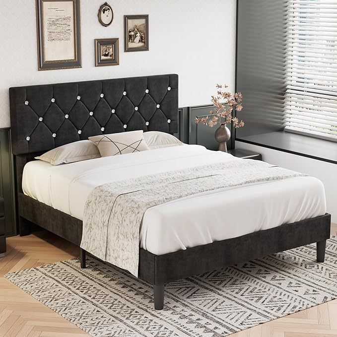 VECELO Full Size Bed Frame with Diamond Tufted Headboard, Upholstered Platform Bedframe with Wood Slat Support, No Box Spring Needed, Velvet & Black