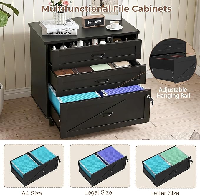 Large Wooden File Cabinet Black 32in Lateral Filing Cabinets 3 Drawer with Hanging File Folders for A4 Letter Legal Wood Office Storage Organizer Furniture Printer Stand