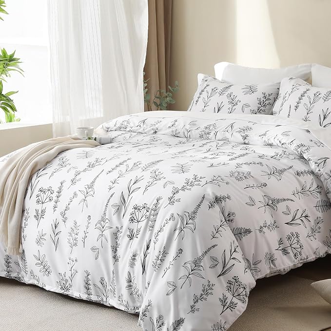 MUXHOMO White King Comforter Set, Elegant Floral Print Bed in a Bag 7 Pieces, Ultra Soft & Breathable Reversible Botanical Pattern Bedding Set with Comforter, Sheets, Pillowcases, and Shams