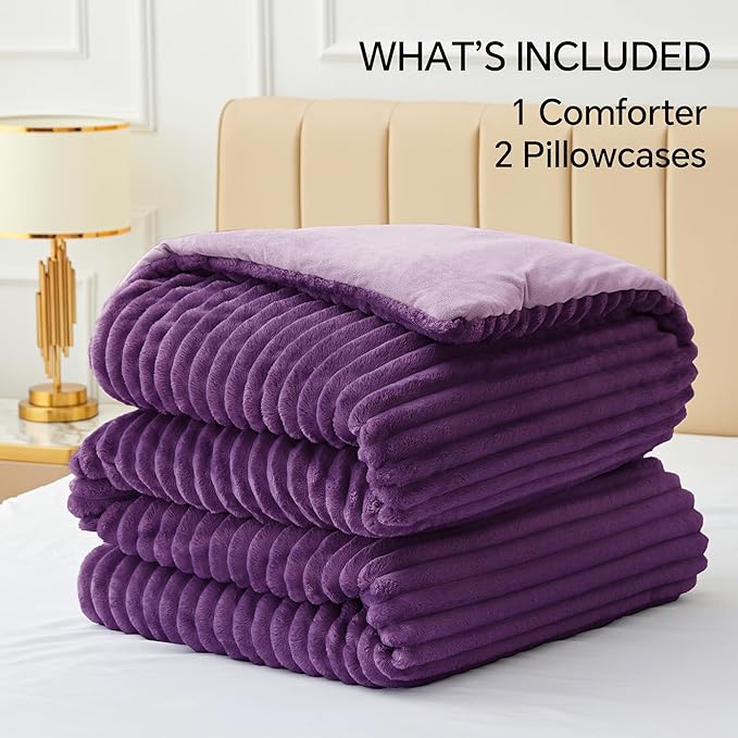 BEDELITE Fleece Full Comforter Set -Super Soft & Warm Fluffy Purple Bedding, Luxury Fuzzy Heavy Bed Set for Winter with 2 Pillow Cases