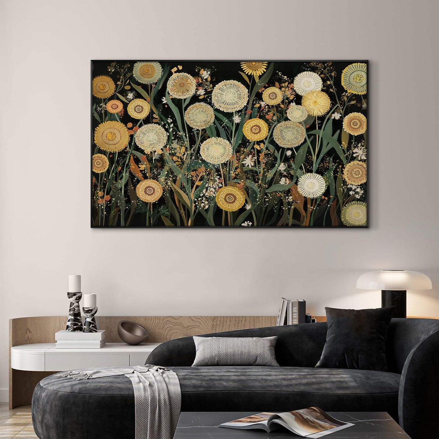 SIGNWIN 30"x60" Extra Large Framed Wall Art Whimsical Dandelion Field in Yellow and Green, Playful Botanical Print for Home Living Room Bedroom Decor (Frame Assembly Required)