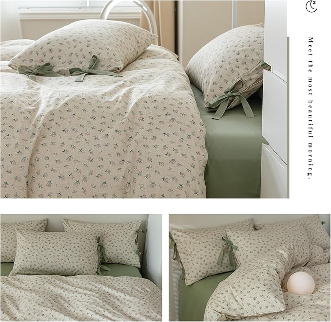 LifeTB Green Flower Comforter Set Twin XL Vintage Floral Comforter with 2 Bow Ties Pillowcases Soft Fluffy Cottagecore Bedding Set for Girls Women Botanical Bedding Comforter Set for All Season