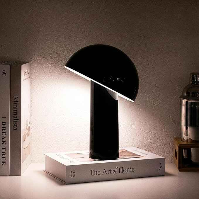 Brightech Celia Small Lamp – 10" Touch-Controlled Mushroom Table Lamp, Cordless & Dimmable LED, Portable Rechargeable Bedside Night Light, Sustainable Recycled Modern Patio Lamp for Home Décor – Black
