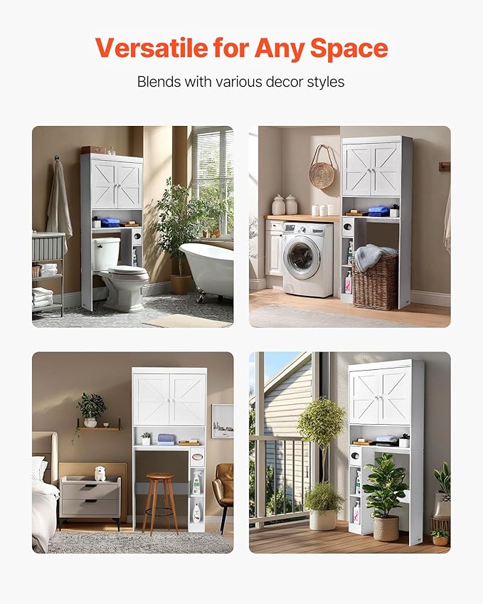 VEVOR Over The Toilet Storage Cabinet, 67.44‘’ Height Bathroom Storage Cabinet Over Toilet with Barn Door and Adjustable Shelf, Bathroom Space-Saving Toilet Rack White Wood with Open Shelf