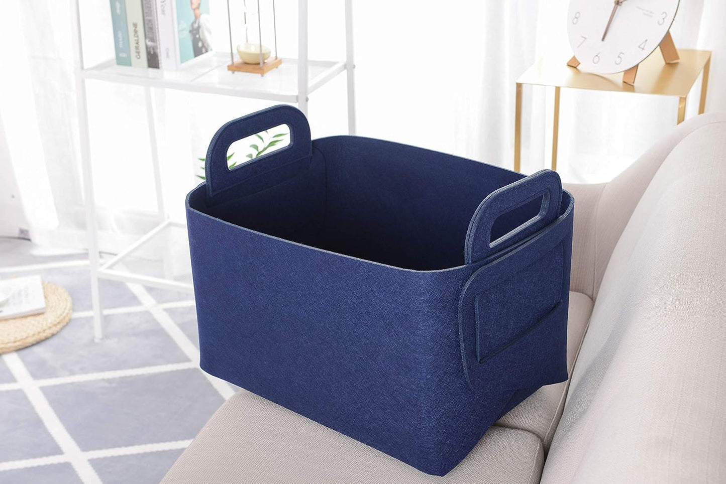 Storage Basket Felt Storage Bin Collapsible& Convenient Box Organizer with Carry Handles for Office Bedroom Closet Babies Nursery Toys Laundry (Navy Blue, 19.9inch（L）×13.6inch（W）×12.6inch（H）)