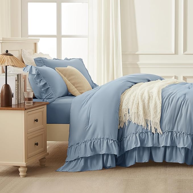 Andency Super King Ruffle Comforter Set, 3 Pieces Shabby Chic Farmhouse Bedding Set, Lightweight Soft Comforter Set 120x120 for Girls Women (1 Comforter 2 Pillowcases), Grayish Blue