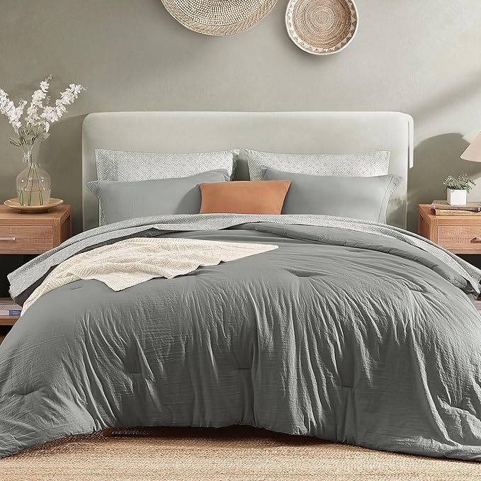 Monbix King Size Comforter Set - 7 Pieces Granite Grey Prewashed Bed in a Bag King Bedding Sets with Comforters, All Seasons Ultra Soft Comforter Bed Set with Sheets,Pillowcases & Shams