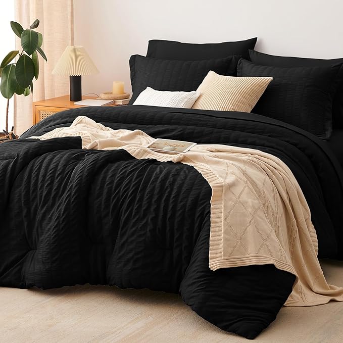 CozyLux Twin Comforter Set with Sheets Seersucker 5 Pieces, Black Bed in a Bag for Bedroom, Textured Luxury Soft Bedding Set with Down Alternative Comforter, Sheets, Pillowcase & Sham for All Seasons