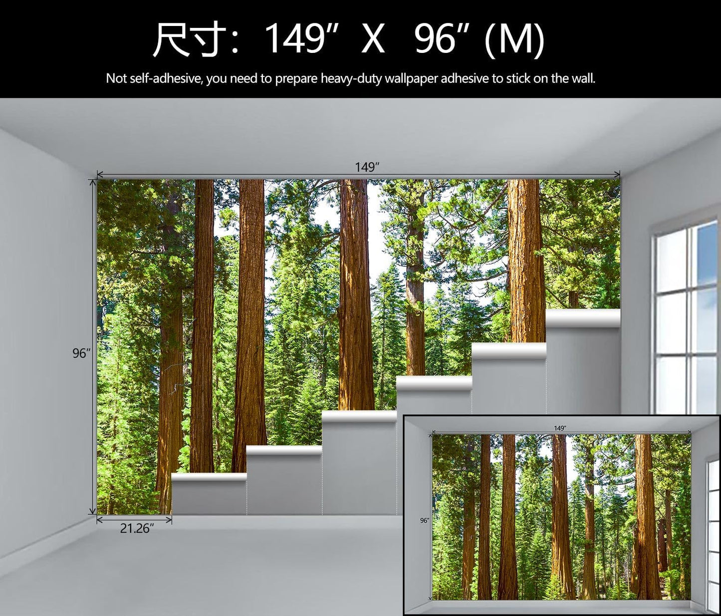 WFBHUA-Redwood Forest Wallpaper Green Woodland Tree Wallpaper for Bedroom Large Art Wall Murals for Living Room Office (Not Peel and Stick)