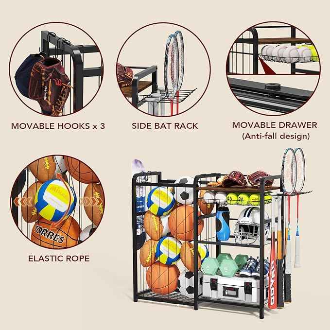 Garage Sports Equipment Organizer, Ball Storage for Gear and Toys, Large Capacity, Sports Organizer for Garage with Hooks and Baskets