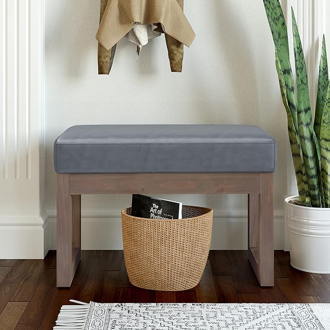 SIMPLIHOME Milltown Small Ottoman Bench - 27 inch Wide Upholstered Vegan Leather Rectangle Footstool Ottoman in Stone Grey, Contemporary Bench for Bedroom or Entryway with Cushioned Seat, Assembled
