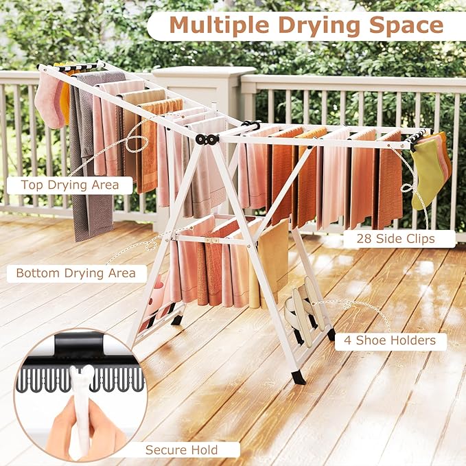 Giantex Clothes Drying Rack, Foldable Metal Laundry Drying Rack with Height Adjustable Wings, 16 Drying Rails, Sock Clips & Shoe Racks, Freestanding Clothing Stand for Indoor & Outdoor, White