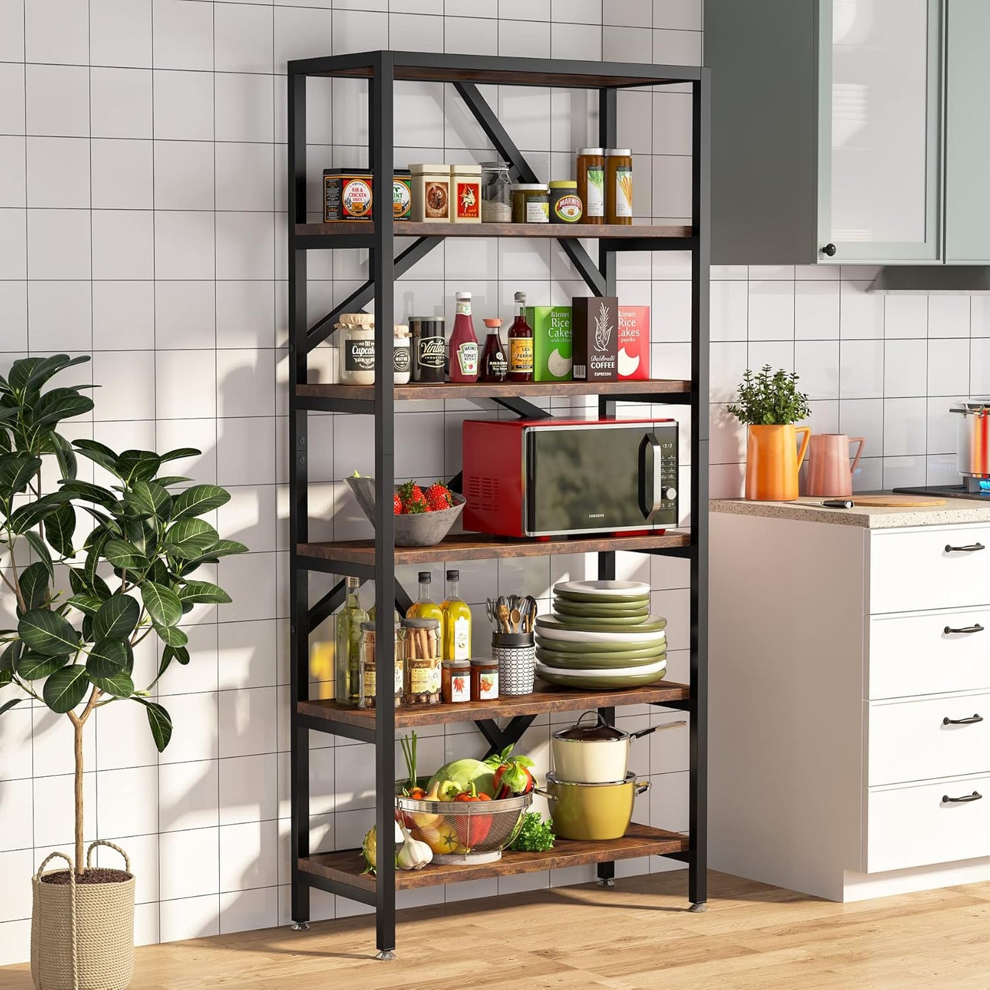 Tribesigns 71 Inch Industrial Bookshelf, 6 Shelf Etagere Bookcase, Free Standing Open Book Shelves Storage Display Shelf, Wood Shelving Units Organizer Rack for Bedroom Home Office Living Room