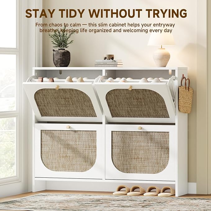 Nicetree Freestanding Ultra Slim Arched Rattan Accent Shoe Storage Cabinet for Entryway - 4 Flip Drawers & 3-Tier Adjustable Shelves, Farmhouse Modern Rustic Shoe Rack for Hallway Foyer,Cloud White