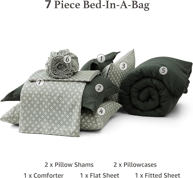 Monbix Oversized Queen Size Comforter Set - 7 Pieces Deep Forest Prewashed Bed in a Bag Bedding Sets with Comforters, All Seasons Ultra Soft Comforter Bed Set with Sheets, Pillowcases & Shams