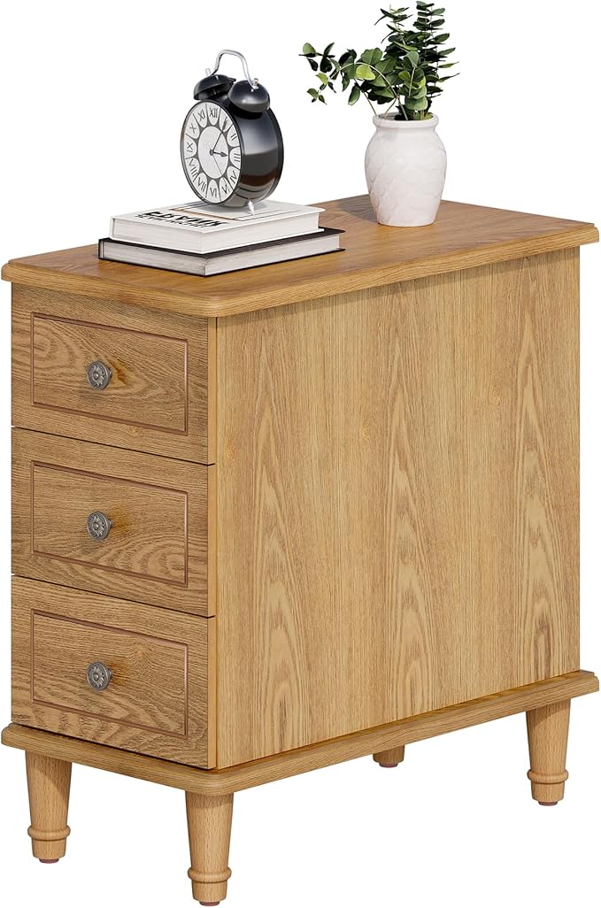 LITTLE TREE Fully Assembled End Table, Narrow Bedside Table with 3 Drawers, Vintage Nightstand for Small Spaces, Living Room, Bedroom, Natural Color