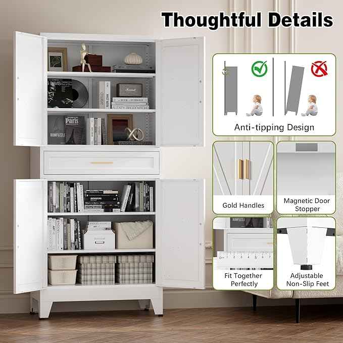 COFaR 71" Tall Kitchen Pantry, Farmhouse Storage Cabinet with Doors and Shelves, Metal Cabinet with Drawers and Legs, for Cupboard/Dining Room/Bathroom/Living Room/Office/Laundry Room (White).