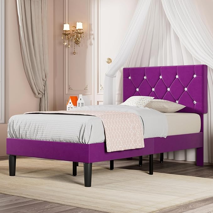 VECELO Twin Size Bed Frame, Upholstered Platform with Adjustable Diamond Tufted Headboard, Wood Slat Support, No Box Spring Needed, Purple