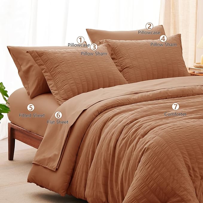 CozyLux Queen Comforter Set Pumpkin Seersucker 7 Pieces Bed in a Bag Queen Comforter Set with Sheets, Luxury Bedding Sets with Down Alternative Comforter, Sheets, Pillowcases & Shams All Seasons