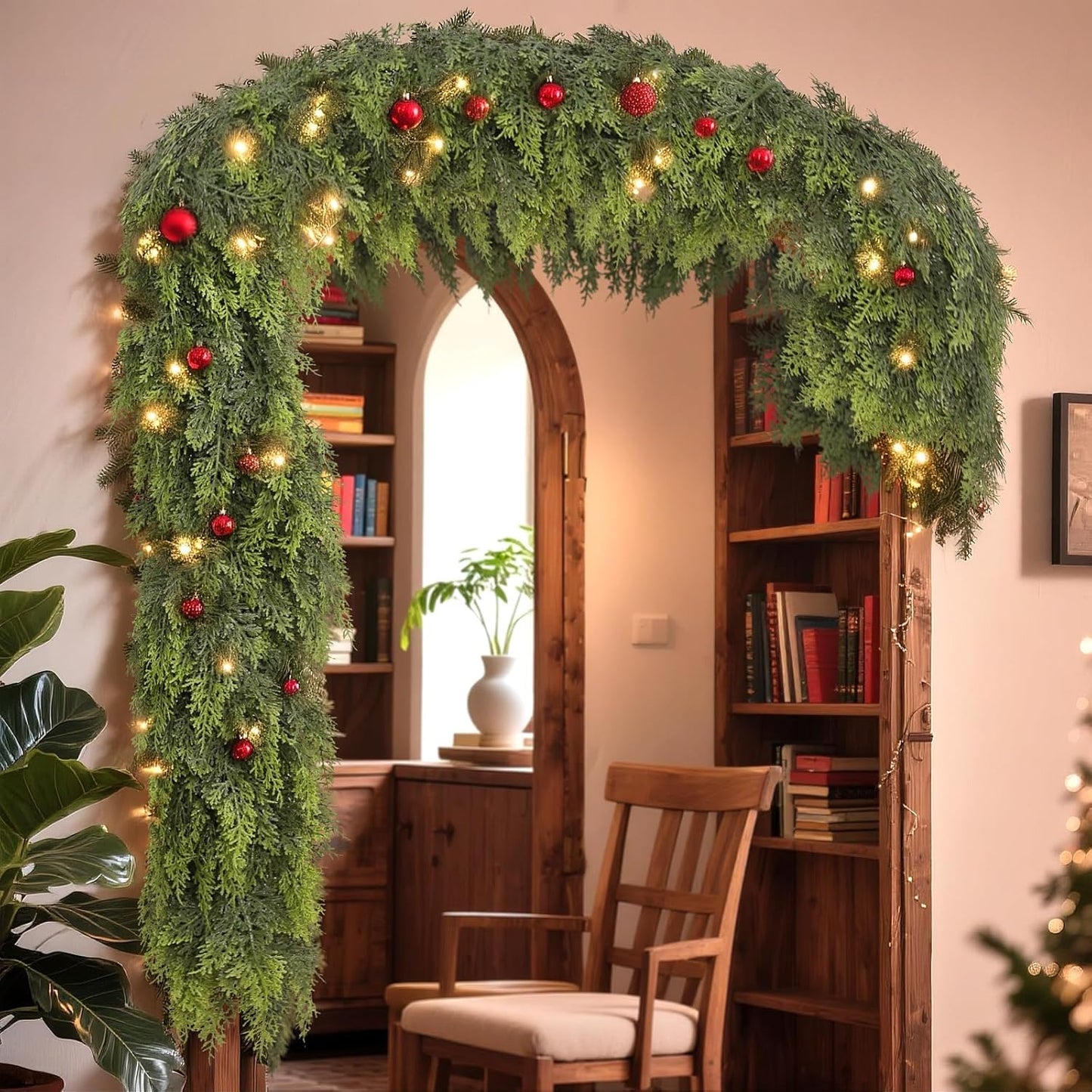 5FT Real Touch Cedar Garland - Artificial Christmas Garland Fake Green Faux Thick and Lush Pine Needles Garlands for Table Fireplace Mantle Holiday Home Indoor Outdoor Decor (2PCS)