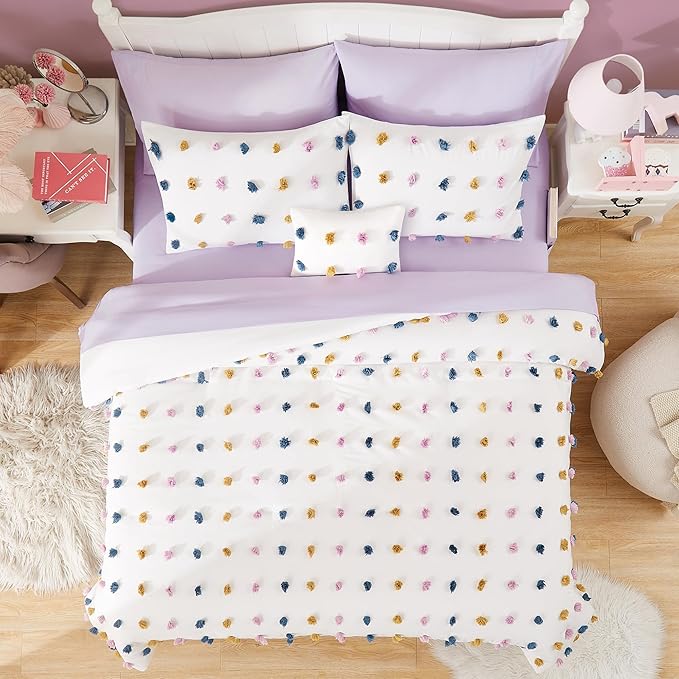 Geniospin Colored Twin Comforter Set for Girls- 6 Pieces Pom Tufted Bed in A Bag Twin Bedding Sets with Sheets, Pillowcases & Shams, All Season Kids Comforter Set