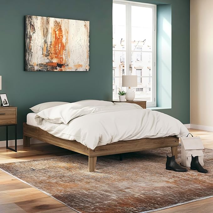 Signature Design by Ashley Deanlow Mid-Century Modern Full Platform Bed with Metal Slats and Center Support Legs, Dark Brown