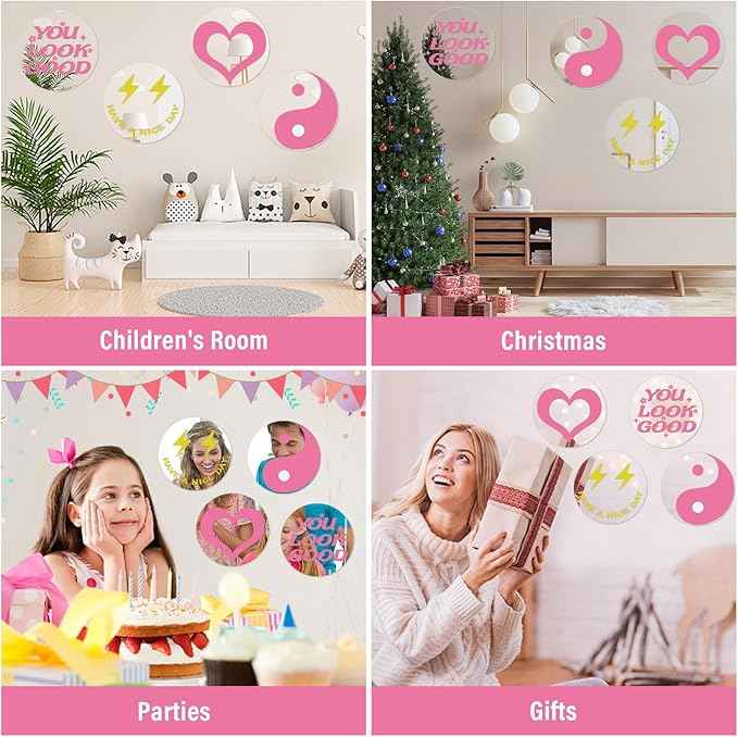 DARENYI 4Pcs Round Preppy Mirror Tiles 6 inch Acrylic Aesthetic Funky Mirror Wall Decor Preppy Room Decor for Bathroom Bedroom Vanity