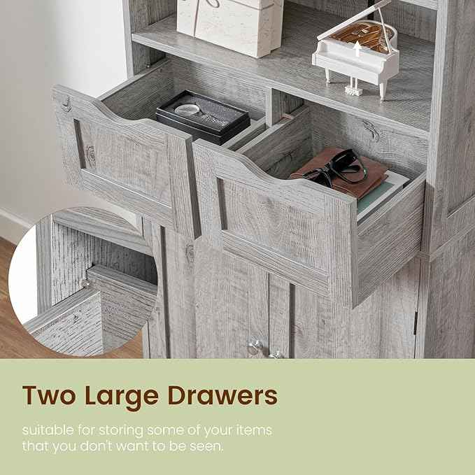 Iwell Storage Cabinet with 2 Drawers & Adjustable Shelf, Tall Bathroom Cabinet with Doors, Cupboard, Kitchen Cabinets for Living Room, Dining Room, Entryway, Grey