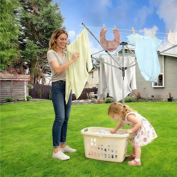 Umbrella Drying Rack Outdoor Umbrella Clothesline Rotary Retractable Clothes Line Adjustable Height 4 Arms Heavy Duty Clothesline Drying Rack 12 Lines with 165 Feet Clothes Line for Backyard