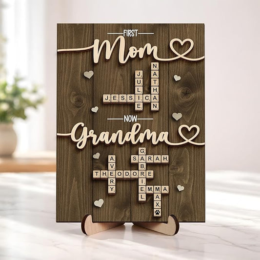 Personalized Family Scrabble Name Sign, Mom Gifts for Mothers Day from Son Daughter, Custom Crossword Tiles Letter Plaque, Birthday Gift for Nana, Grandma, Mimi, First Mom Now Grandma Keepsake
