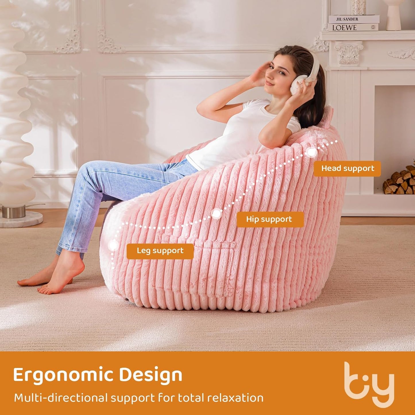 BYBYME Giant Bean Bag Chair for Adults and Kids, Large Comfy Cozy Beanbag, Floor Sofa for Teens, Living Room, Gaming, Reading, Pink