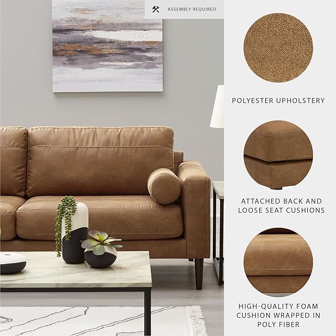 Signature Design by Ashley Telora Faux Leather Sofa, 2 Bolster Pillows, Loose Cushions, Faux Wood Finish Accent Legs, 85" W x 35" D x 35" H, Dark Brown