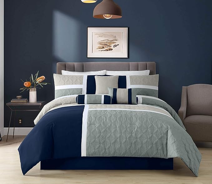 Chezmoi Collection Upland 7-Piece Quilted Patchwork Comforter Set, Navy/Blue/Gray, Queen