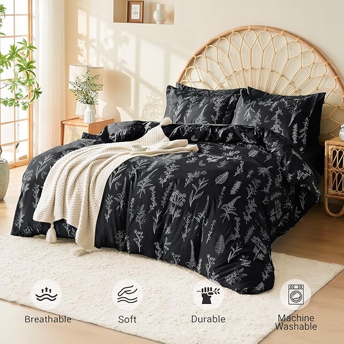 MUXHOMO Black King Comforter Set, Elegant Floral Print Bed in a Bag 7 Pieces, Ultra Soft & Breathable Reversible Botanical Pattern Bedding Set with Comforter, Sheets, Pillowcases, and Shams