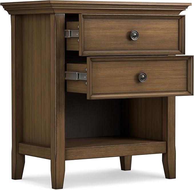 SIMPLIHOME Amherst Bedside Table - 24 inch Wide Solid Wood Nightstand Table in Rustic Natural Aged Brown, Transitional Bedroom Side or End Table with 2 Drawers, Open Storage Shelf and Bronze Hardware