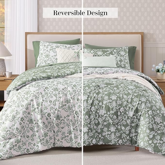 King Comforter Set -7 Pieces Floral Grey Green Comforter Set for All Seasons, Bed in a Bag King with Botanical Flowers Comforter, Sheets, Pillowcases & Shams