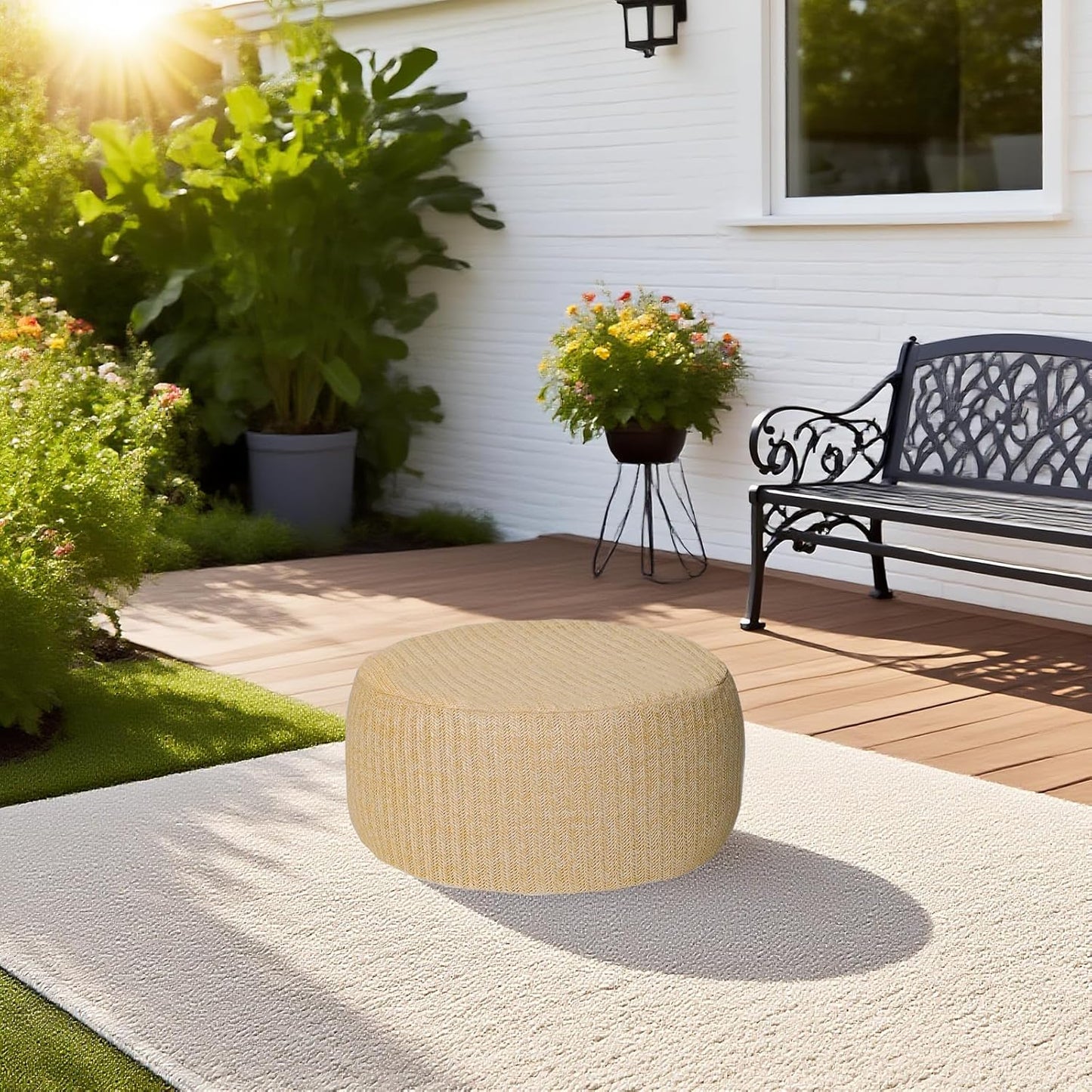 Outdoor Inflatable Ottoman with Air Pump, Fade-Resistant Patio Footrest Stool D21”x H9”, Round Pouf Ottoman with Portable Handle Suitable for Garden, Camping, Bedroom, Living Room